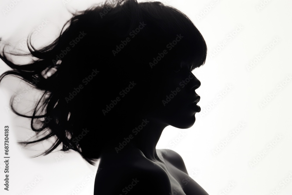 beautiful woman silhouette, black african american girl dark silhouette icon painting, black and white photography