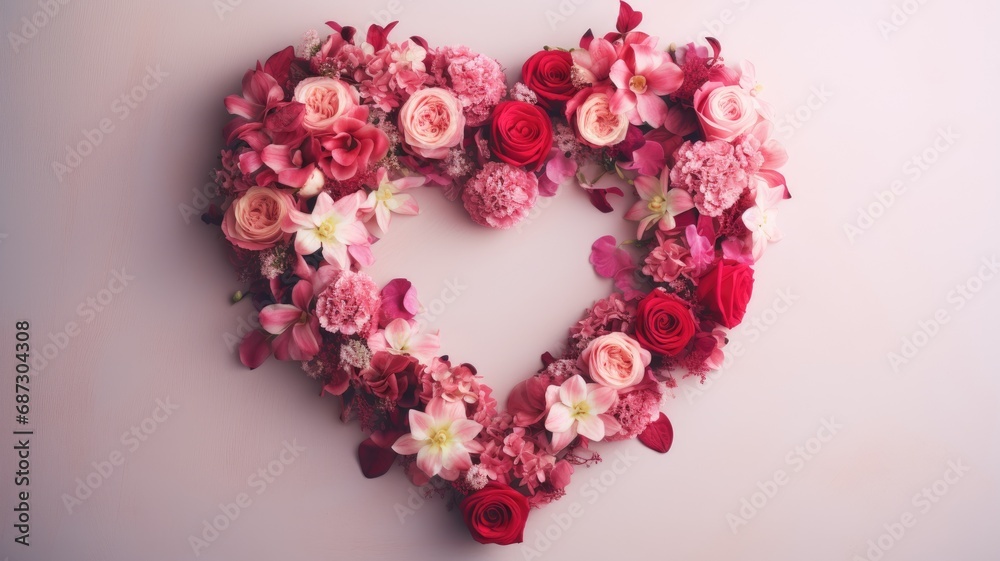 A heart-shaped floral wreath composed of vibrant pink and red flowers on a light background