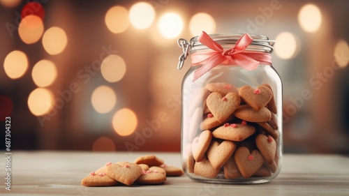 Heart-shaped cookies in a glass jar tied with a red ribbon against a bokeh light background