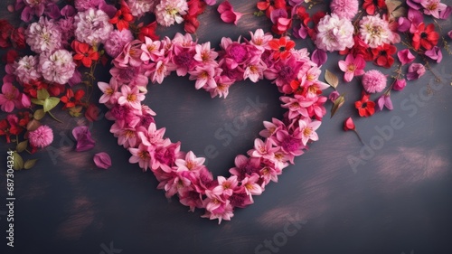 A heart-shaped wreath made of pink and red flowers on a dark background photo