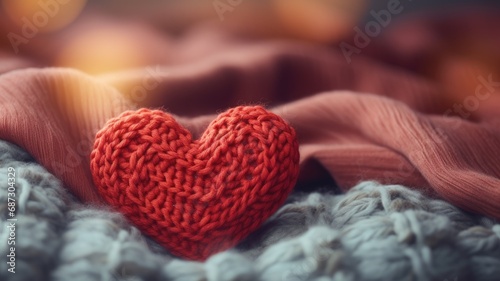 A red knitted heart rests on a cozy grey blanket  symbolizing warmth and love