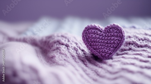 A purple knitted heart lays on a matching fluffy blanket  evoking a sense of comfort and love