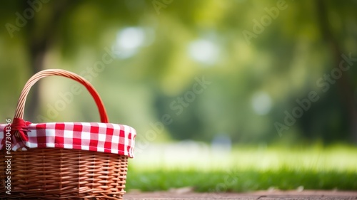 A wicker picnic basket with a red and white checkered cloth on a sunny day