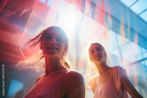two young girls posing to the camera and laughing. Happy carefree youth concept. Generative AI