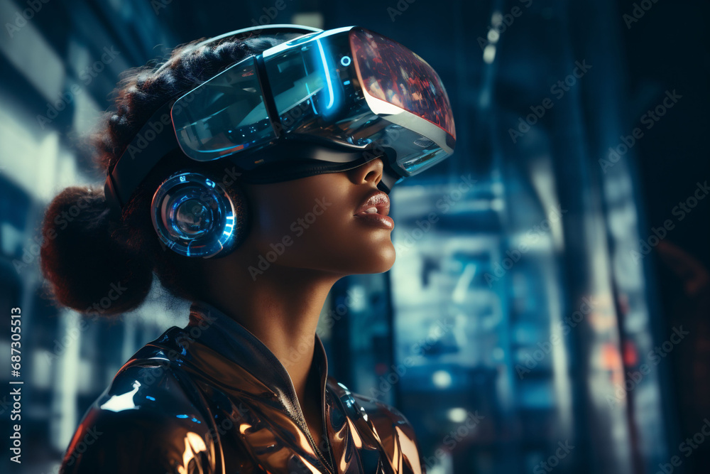 Young woman with curly hair in a cyber science fiction mask in cyberpunk style. Concept of virtual reality in High-tech style. Copy space Young woman with curly hair in a cyber science fiction mask in cyberpunk style. Concept of virtual reality in High-tech style. Copy space