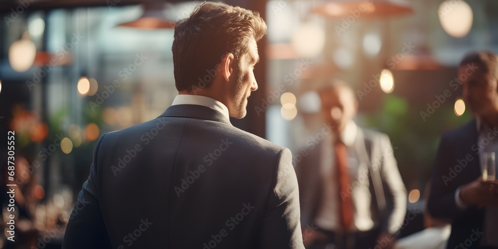 A back view of a businessman in a suit financial advisor out of focus background - generative ai