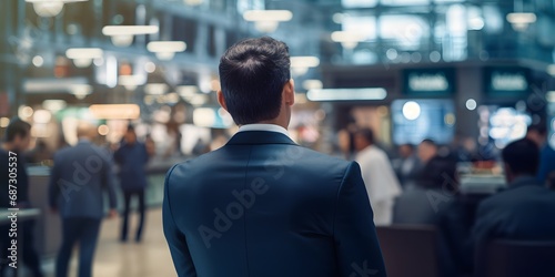 A back view of a stock trader businessman in a stock exchange trading options investment out of focus background - generative ai