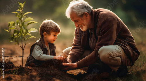 Grandfather and his young grandson planting a tree in the ground. Male child, boy working together with his grandfather in the garden, dirty hands from soil. Plant growing, green environment