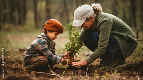 Grandmother and her young grandson planting a tree in the ground. Male child, boy working together with his grandmother in the garden, dirty hands from soil. Plant growing, green environment