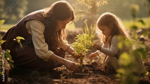 Mother and her young daughter planting a tree in the ground. Female child, girl working together with her mom in the garden, dirty hands from soil. Plant growing, environment ecology © Nemanja