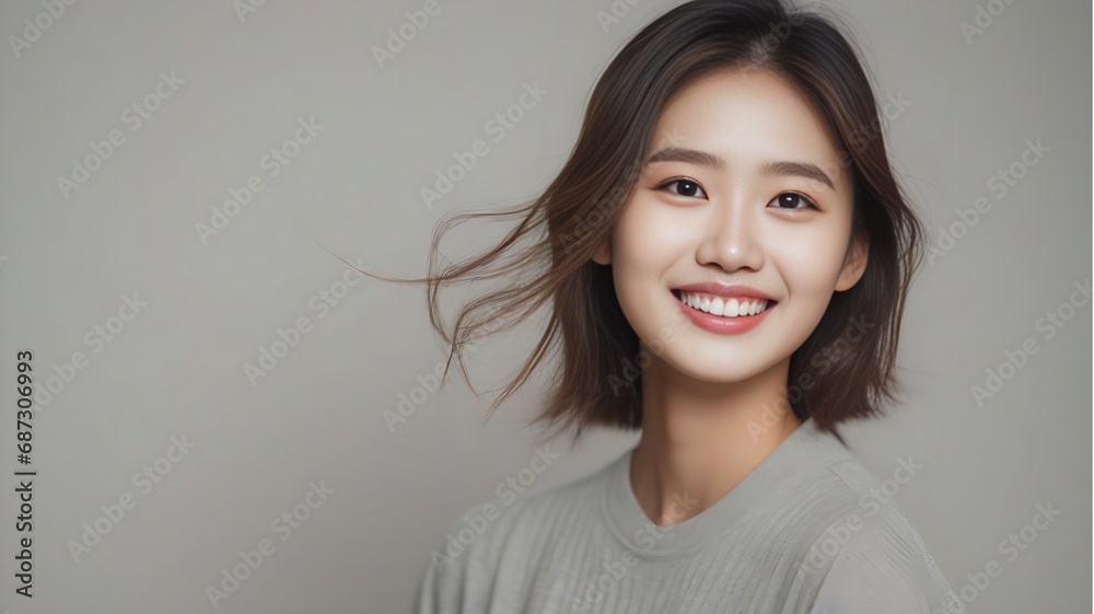 Closeup photo portrait of a beautiful young korean model woman smiling with white teeth Closeup photo portrait of a beautiful young korean model woman smiling with white teeth