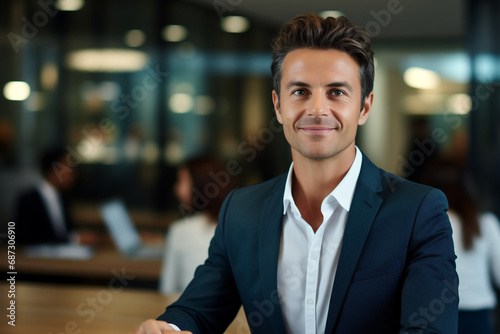 Uomo di mezza età al lavoro in un moderno ufficio con camicia e giacca. Manager sorridente e professionale. photo