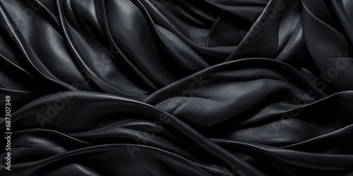 Black leather material layered for background. Black crumpled leather, black leather background with folds