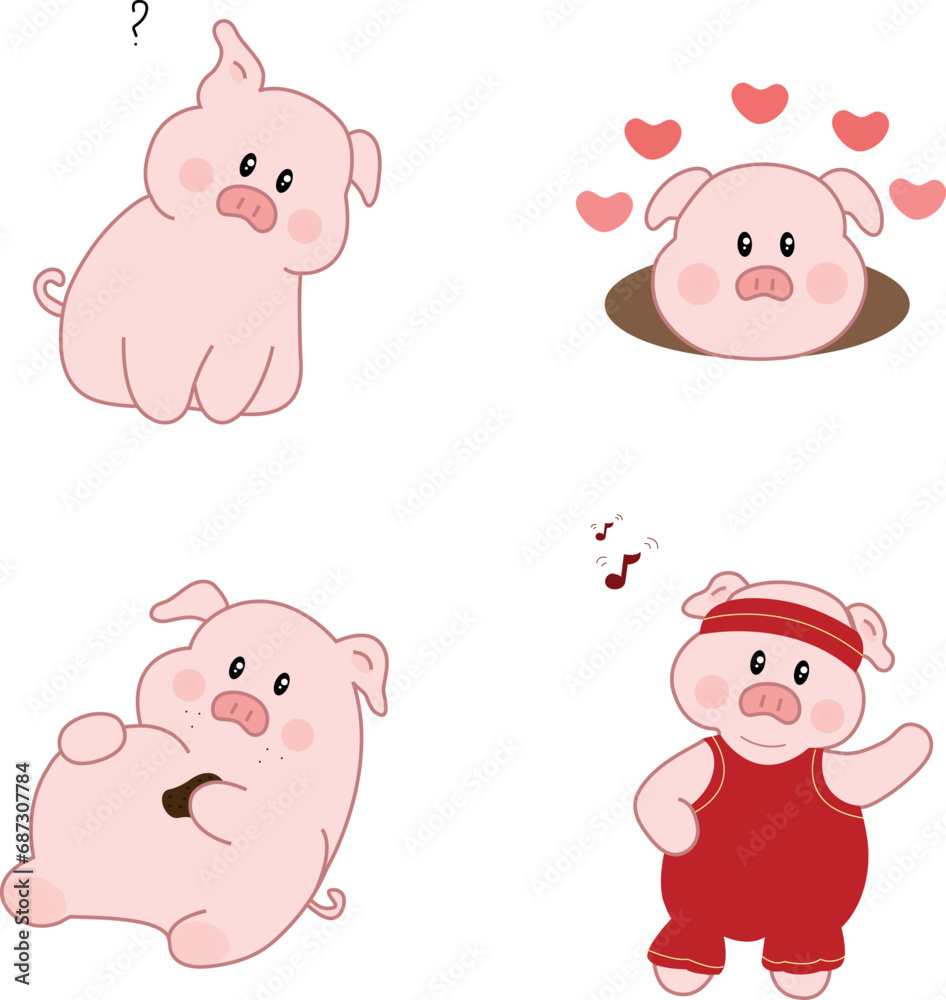 Stickers with a pink pig that performs various movements Stickers with a pink pig that performs various movements