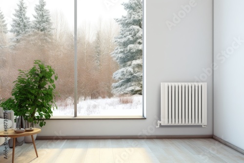 White heating radiator by the window with a winter landscape