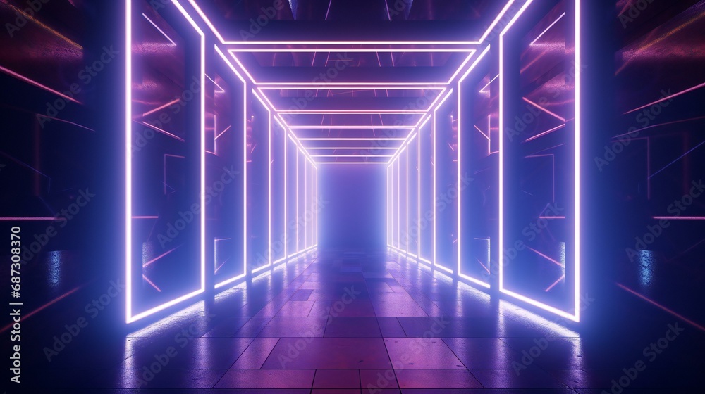 a neon tunnel with blue and pink lights