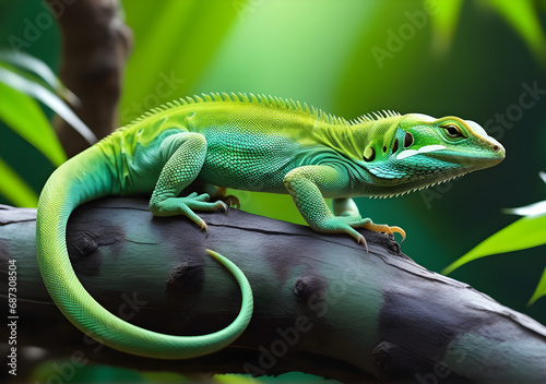 Green lizard animal on a tree hd wallpaper. AI Generative