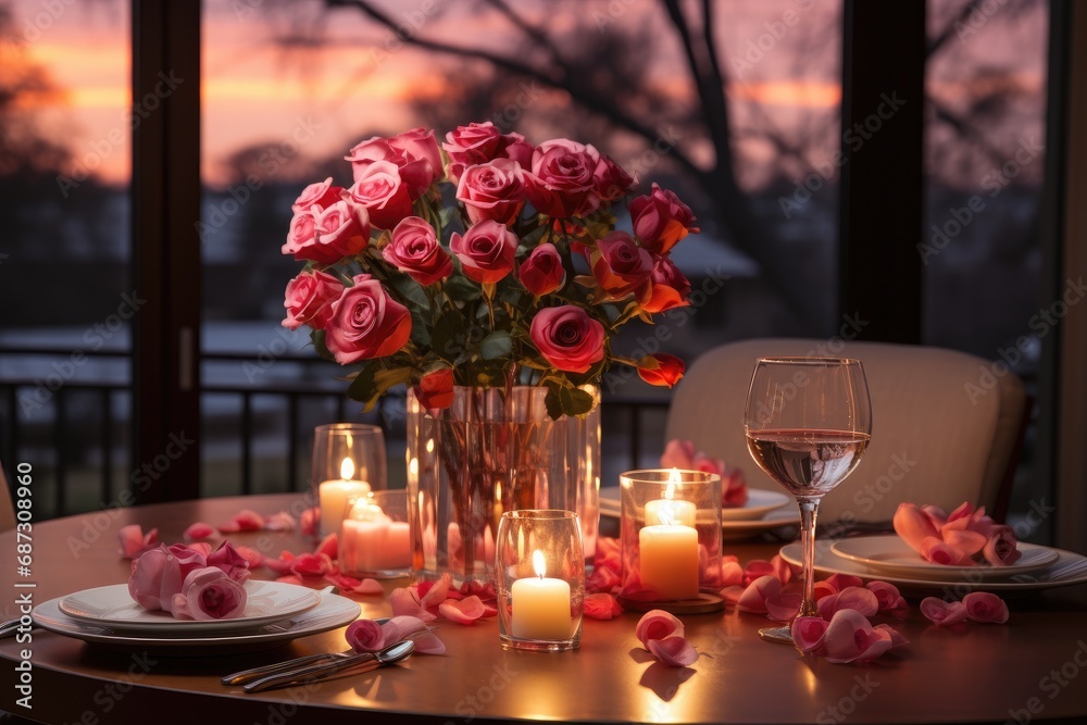 A Gentle Meeting for Two: Served Table with Roses and Candles for Valentine's Day