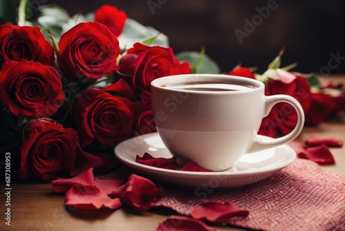 Grace and bliss: Bouquet of roses with a cup of coffee on the table