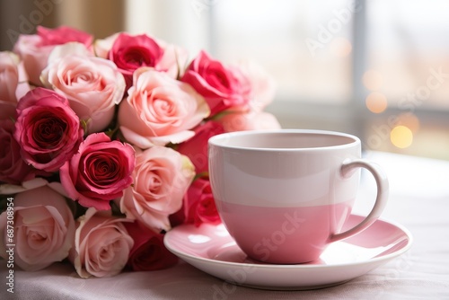 Rose Kingdom: Bouquet of roses with a cup of coffee on the table
