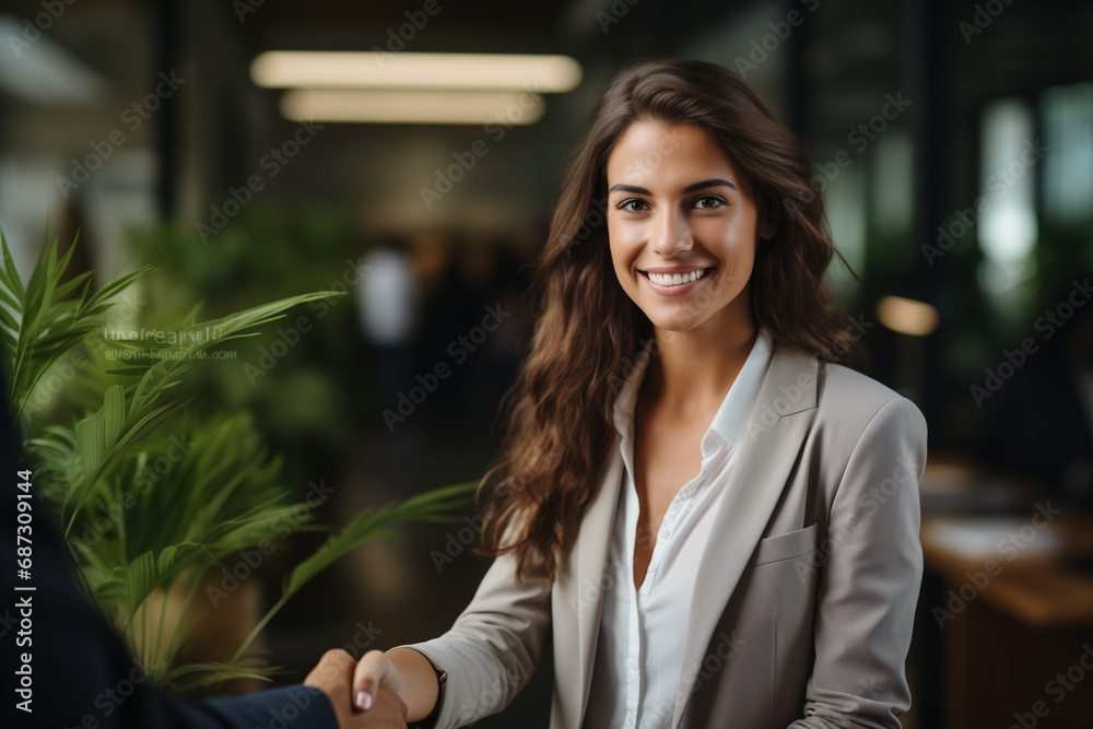 Bellissima donna con capelli lunghi in un moderno ufficio con abito elegante mentre stringe la mano di un cliente Bellissima donna con capelli lunghi in un moderno ufficio con abito elegante mentre stringe la mano di un cliente