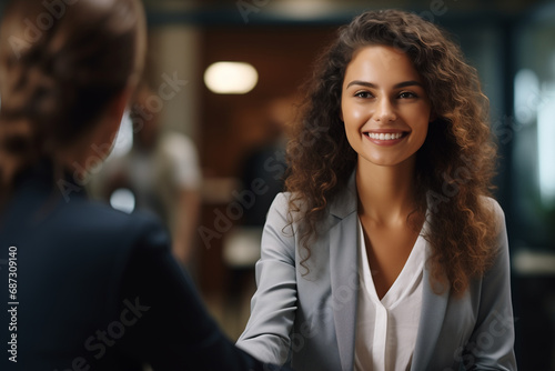 Bellissima donna con capelli ricci in un moderno ufficio con abito elegante mentre stringe la mano di un cliente