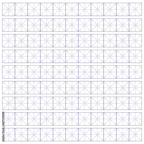 Workbook for writing hieroglyphs. Lined paper for printing. Geometric pattern for school. Realistic lined paper. Simulator for writing Chinese characters. Page of calligraphy exercises. Graph paper