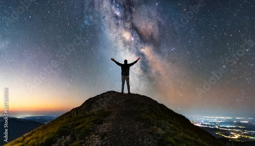 man and the universe a person is standing on the top of the hill next to the milky way galaxy with his hands raised to the air