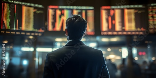 Back view of a stock crypto trader businessman looking at an out of focus blurred stock options index graph stock exchange background monitor - Generative ai