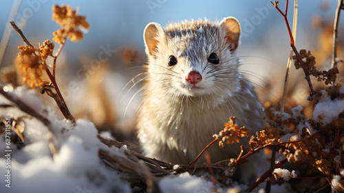 a short tailed weasel pops its head out from the snow while hunting food during winter generative ai