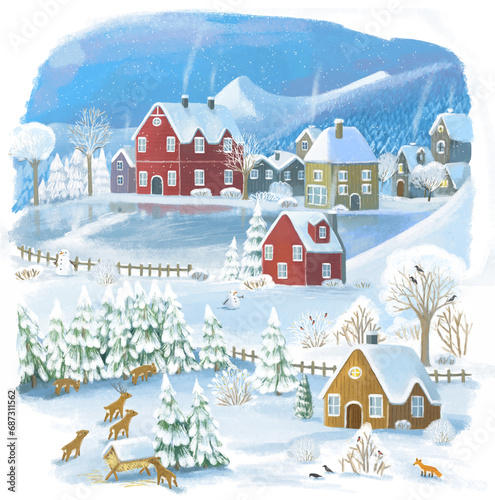 cartoon christmas scene with city in the winter with some wild animals near the town illustration for children