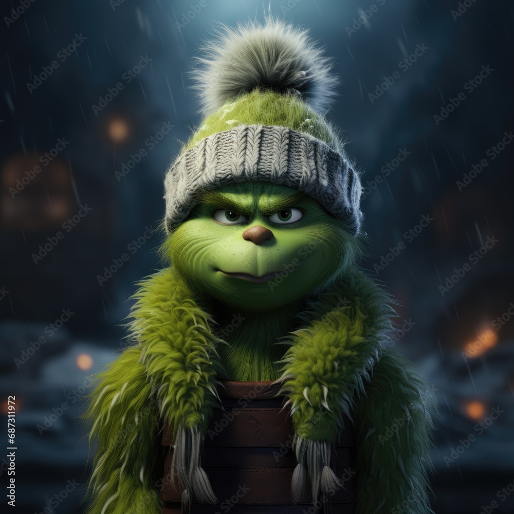 Christmas holiday symbol, Merry Christmas and Happy New Year, 2024, green robber who is trying to steal the holiday - obrazy, fototapety, plakaty 