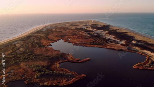 Aerial Flight near Great Point Lighthouse, Nantucket Island, Massachusetts, USA. 4K