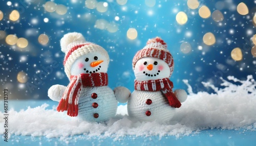 little knitted snowmans on soft snow on blue background © Irene