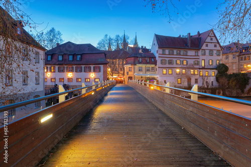 Bridge over Regnitz river in Old town at blue hour in Bamberg, Bavaria, Germany