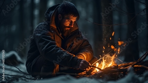 A rugged male adventurer skillfully uses a flint to ignite a fire amidst the wild  surrounded by dense forest under a clear sky  demonstrating survival techniques in the great outdoors.