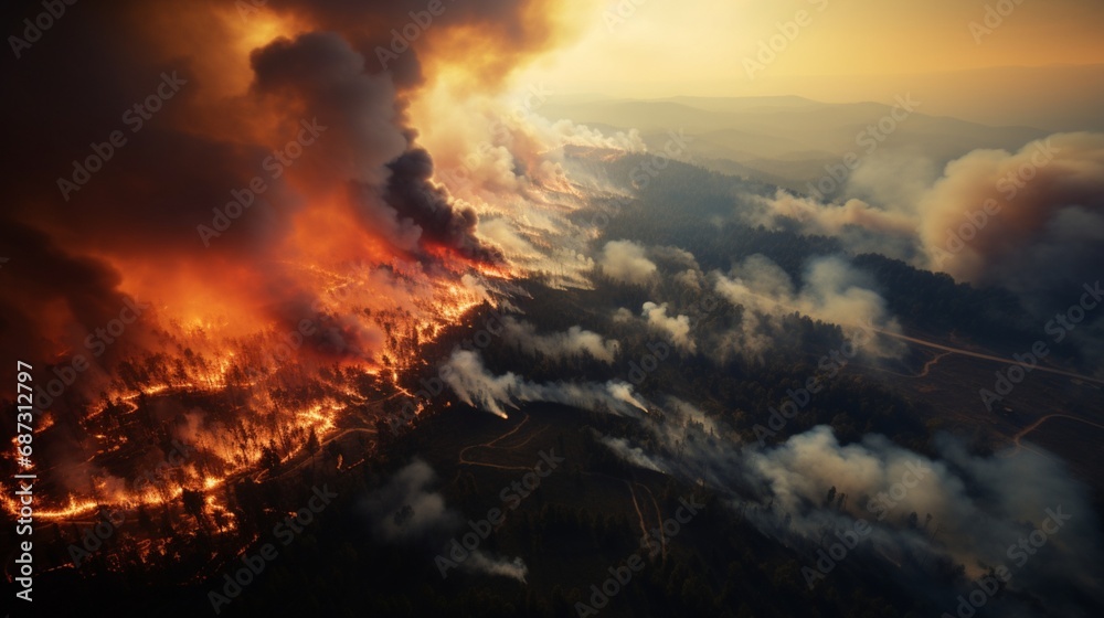A high-resolution aerial view of a sprawling wildfire consuming vast acres of a dense forest, capturing the intense flames and billowing smoke against the backdrop of a hazy, apocalyptic sky