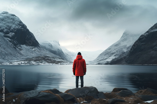 Man in red jacket standing back by the lake overlooking the mountains with snow, winter nature.generative ai photo
