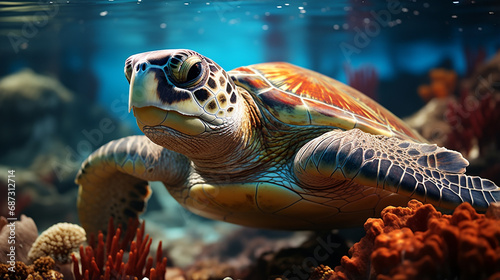 a turtle plays near the surface in blue water. generative ai