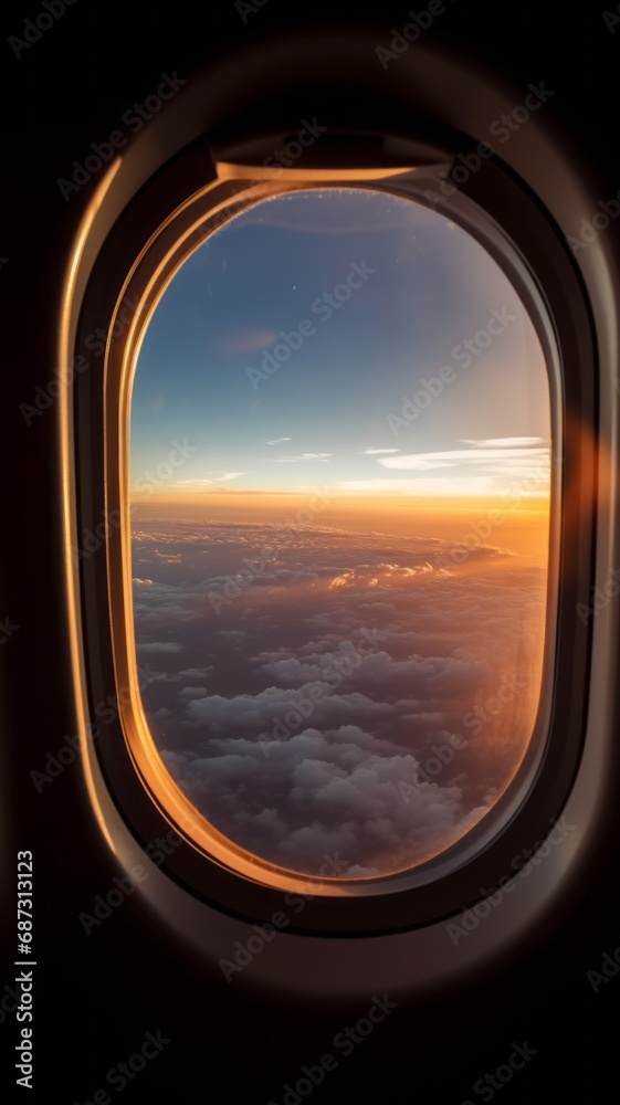Airplane window view on a clouds and sunset outside of aircraft Airplane window view on a clouds and sunset outside of aircraft