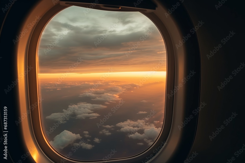 Airplane window view on a clouds and sunset outside of aircraft Airplane window view on a clouds and sunset outside of aircraft