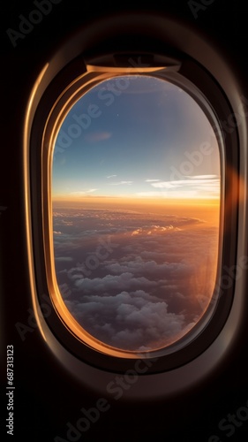 Airplane window view on a clouds and sunset outside of aircraft