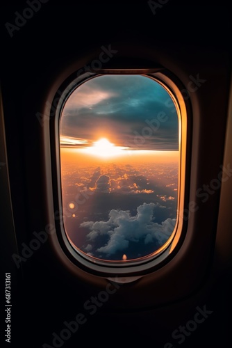 Airplane window view on a clouds and sunset outside of aircraft © Ilia