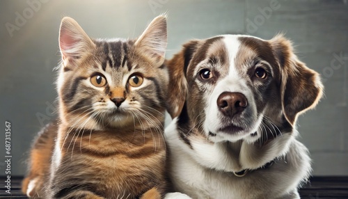 portrait of happy dog and cat that looking at the camera together on background friendship between dog and cat amazing friendliness of the pets