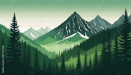 landscape forest mountains nature adventure travel background panorama illustration of dark green silhouette of valley view of forest fir trees and mountains peak generative ai