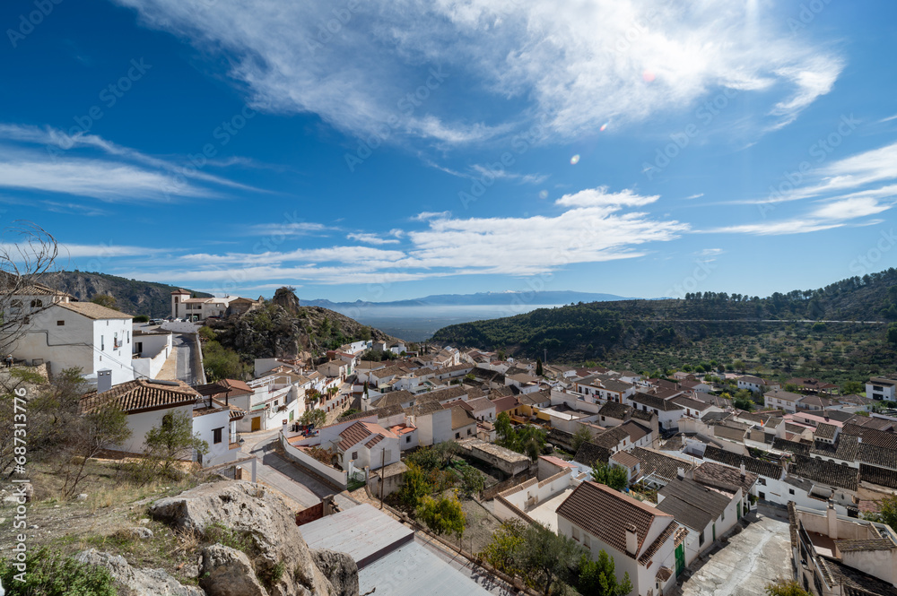 Panoramic view of the Granada town of Moclin (Spain) on a sunny autumn day