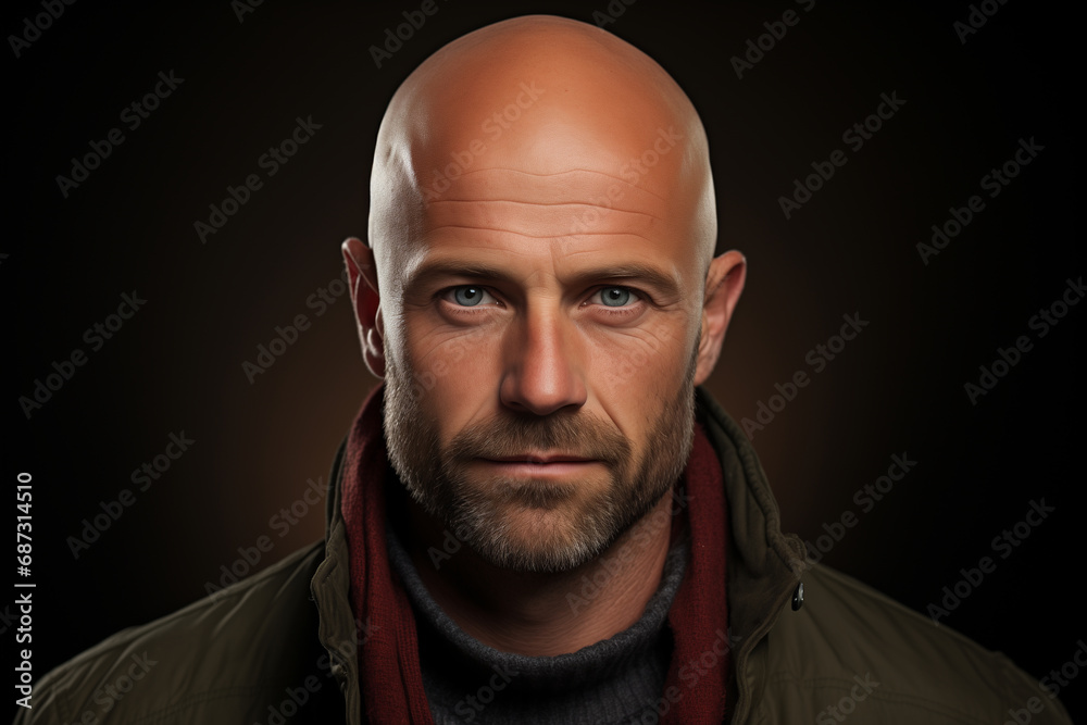 portrait, modern bald man, 40 years old,