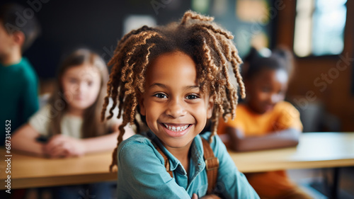 portrait of smiling little african girl sitting in classroom