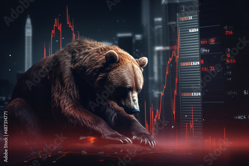 Bear on the background of a technical financial, stock or cryptocurrency chart, bear market theme, falling prices.generative ai