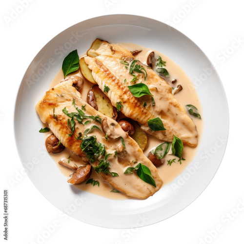 A Delicious Plate of Tilapia Fish with Wine Sauce Isolated on a Transparent Background